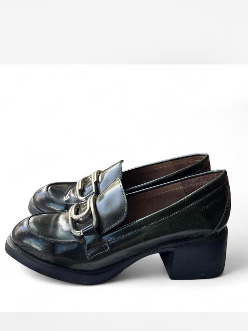 Wonders Dark Green Leather Silver Hardware Buckle Platform Chunky Heel Loafers